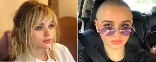 Joey antes e depois de raspar o cabelo para interpretar um personagem.