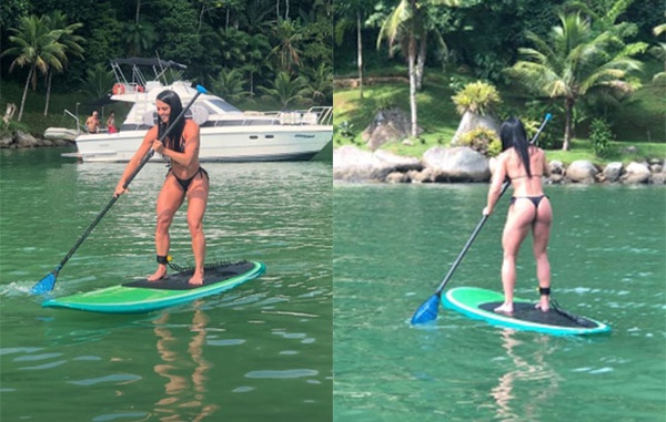 Graciele Lacerda mostra o corpão ao praticar stand-up paddle