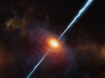 Concepção artística do quasar P172+18 e de seus jatos de rádio: tão distante que sua luz demorou 13 bilhões de anos para chegar até nós
