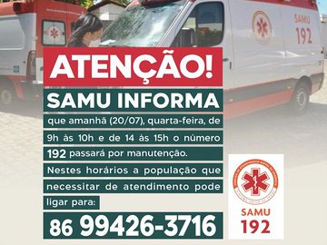Linha 192 do Samu ficará fora do ar amanhã (20); FMS divulga número para emergências