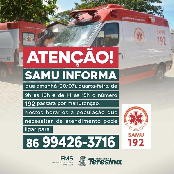 Linha 192 do Samu ficará fora do ar amanhã (20); FMS divulga número para emergências