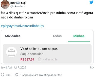 Perfil do Twiter reclama que dinheiro sumiu de sua conta picpay