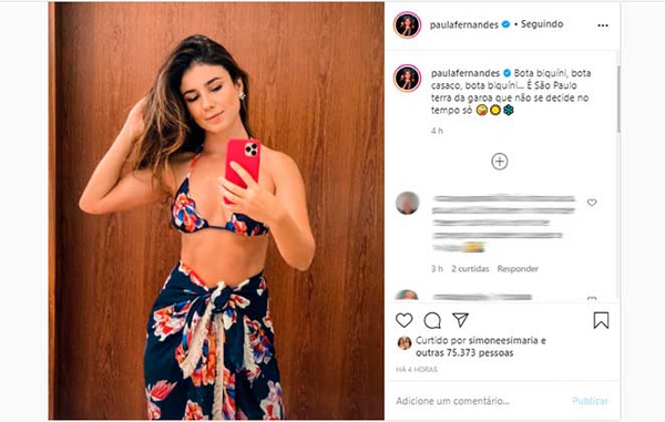 Paula Fernandes brincou sobre mudanças no clima de São Paulo com foto de biquíni no Instagram