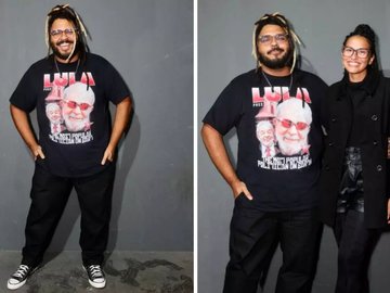 Paulo Vieira chega com camiseta de Lula para show em SP